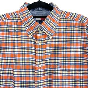Vintage Tommy Hilfiger Men's Large‎ Orange Plaid Short Sleeve Button Up Shirt